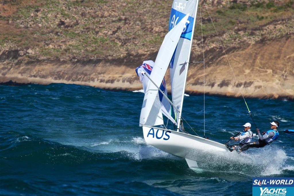 Matt Belcher and Will Ryan (AUS) launch on the final leg to the finish - Day 2 Mens 470 © Richard Gladwell www.photosport.co.nz